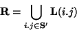 \begin{displaymath}{\bf R} = \bigcup_{i.j \in {\bf S'}} {\bf L}(i.j)
\end{displaymath}